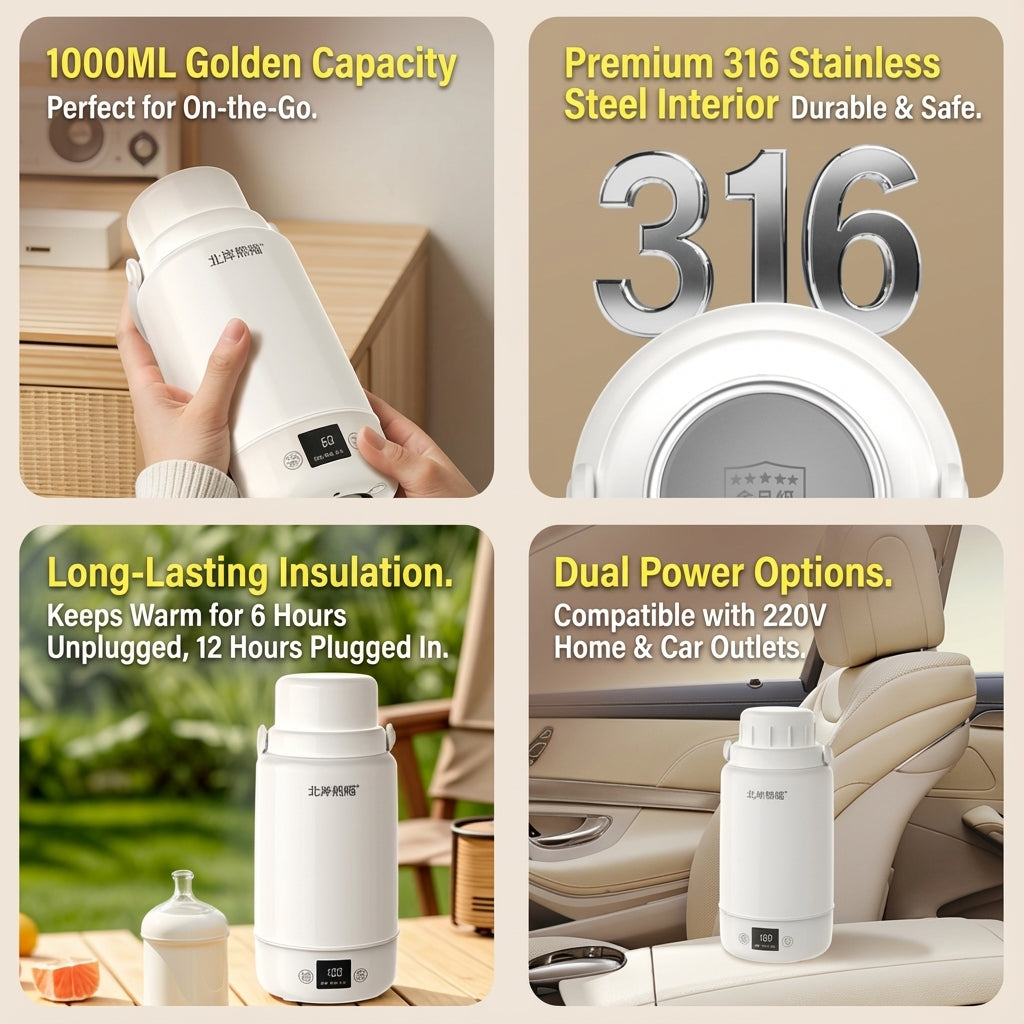 Electric Heating Cup Portable Stainless Steel Bottle Kettle 1L