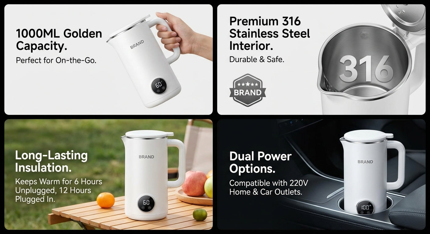 Electric Heating Cup Portable Stainless Steel Bottle Kettle 1L