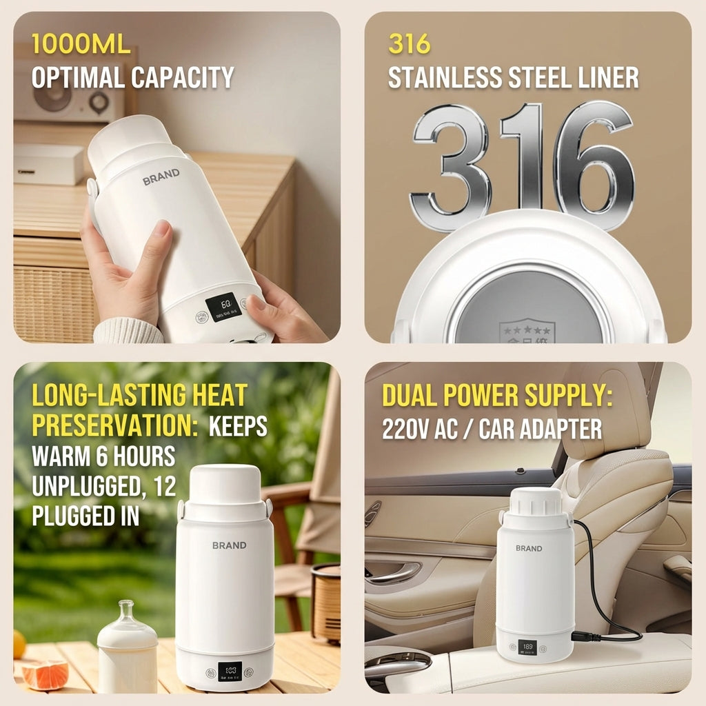 Electric Heating Cup Portable Stainless Steel Bottle Kettle 1L