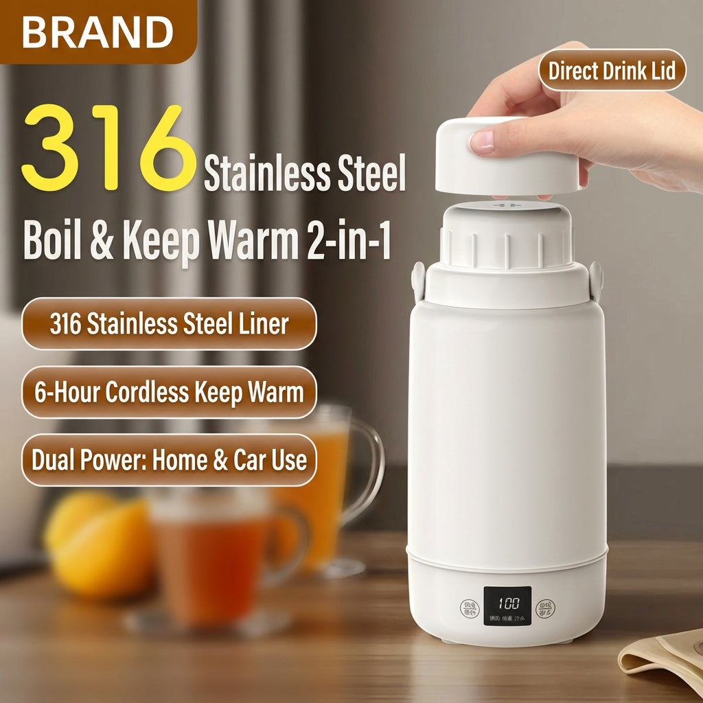 Electric Heating Cup Portable Stainless Steel Bottle Kettle 1L