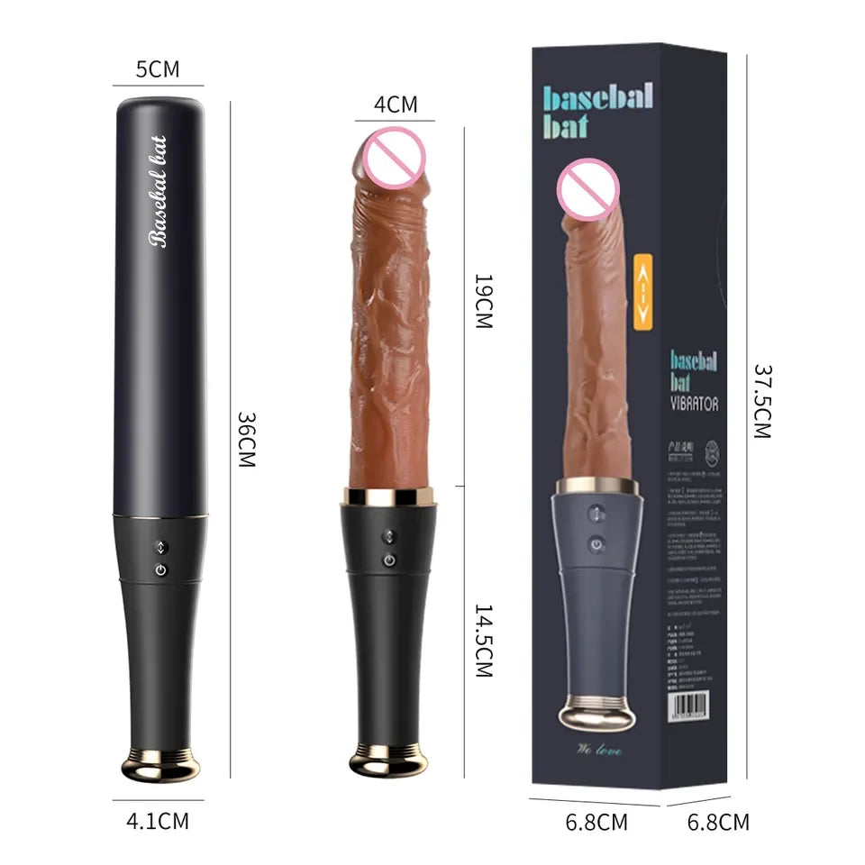 Amoura Baseball Bat (confirmed in title and specification section), 2-in-1 Vibrating & Licking (dual mechanism confirmed), Medical-Grade Silicone (confirmed in spec table), Waterproof (fully – Baseball Bat Dildo